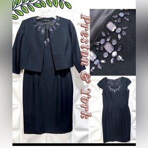 Beautiful Preston & York Sz 8 Navy 2 pc Jeweled Satin Lined Dress Suit W Jacket